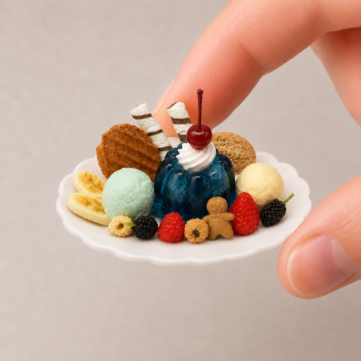 1:6 Scale Miniature Blue Jelly Dessert Set – Dollhouse Mixed Berry Fruit Tart, Cat Cookie Parfait & Blue Ocean Ice Cream Plate, Handmade Polymer Clay Café Food for Blythe BJD Diorama