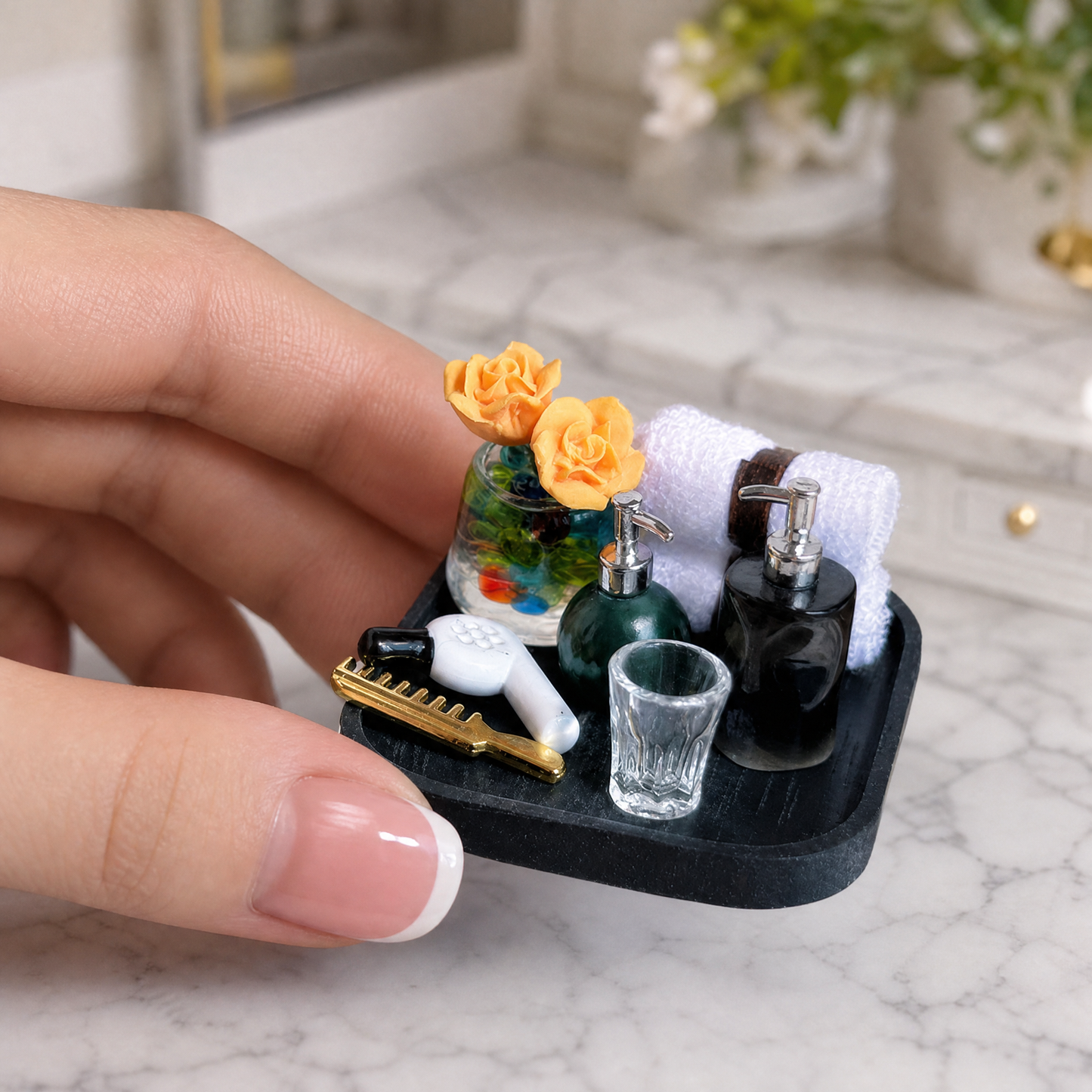 FDMINI Mini Bathroom Vanity Tray Set – 2 Styles Miniature Soap Dispensers, Towels & Accessories for 1:12 Scale Dollhouse & Roombox
