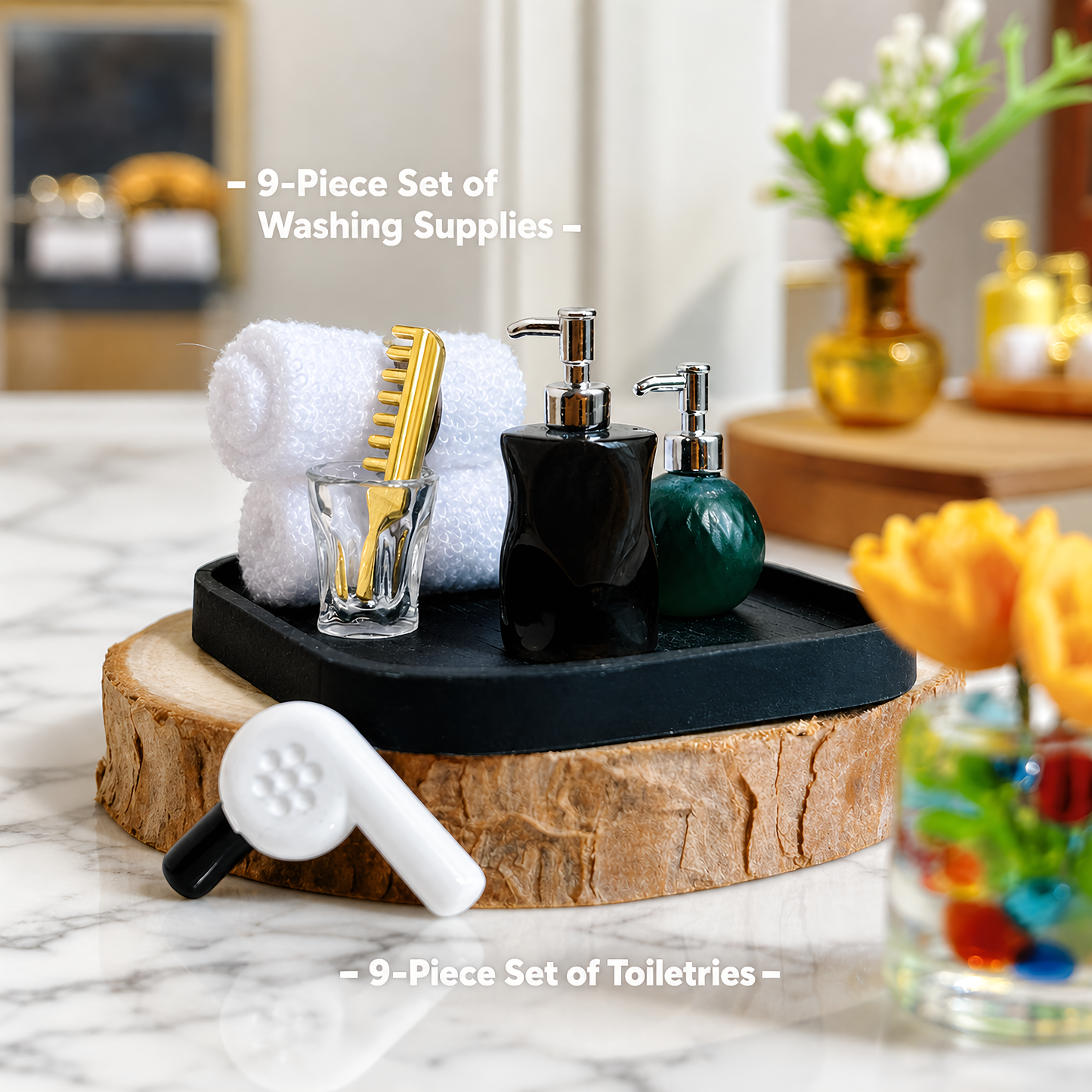 FDMINI Mini Bathroom Vanity Tray Set – 2 Styles Miniature Soap Dispensers, Towels & Accessories for 1:12 Scale Dollhouse & Roombox