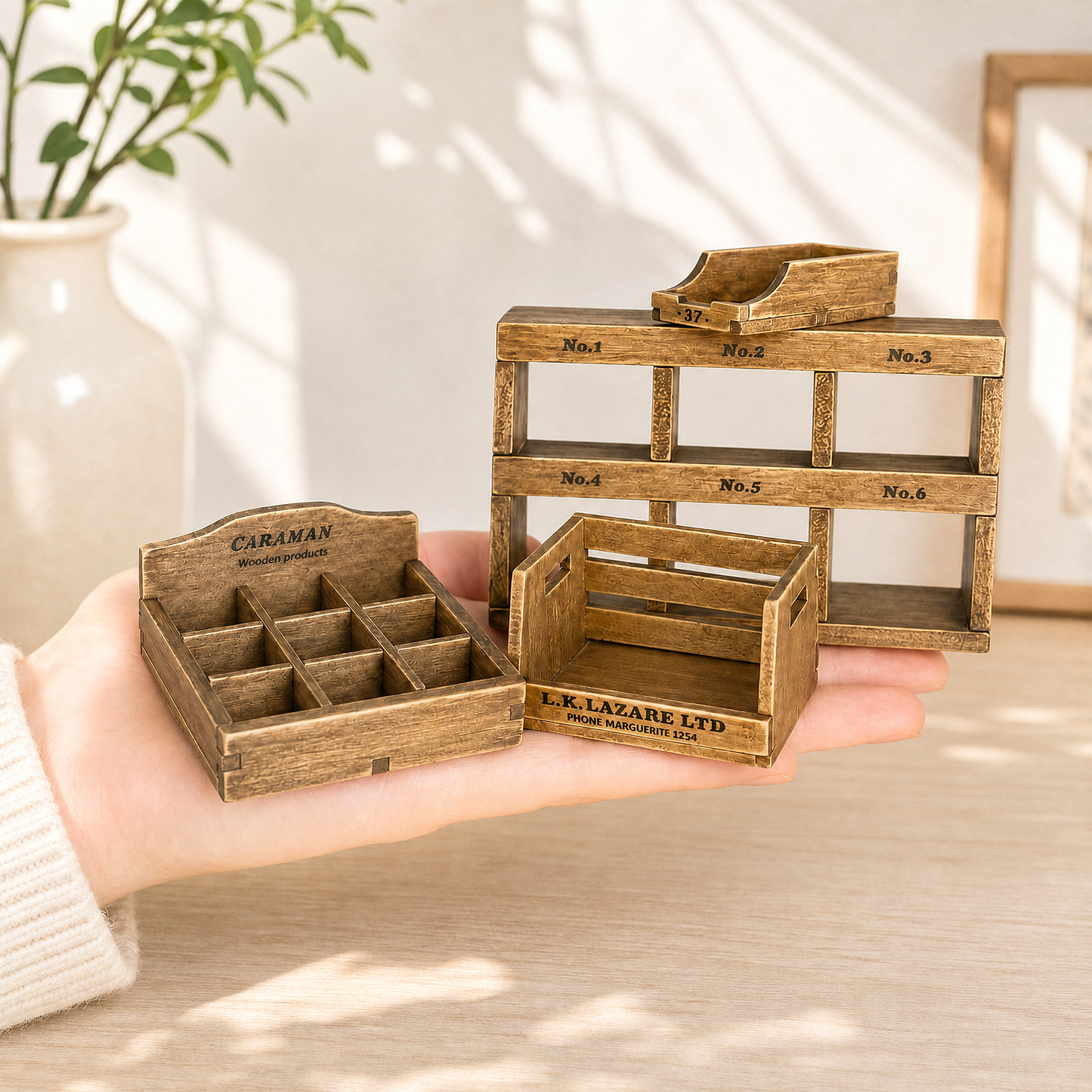FDMINI Mini Vintage Wooden Storage Set – 4-Piece Handmade Miniature Shelf, Crate & Divided Box in Rustic Brown for 1:6 1:8 Scale Dollhouse, BJD & Blythe