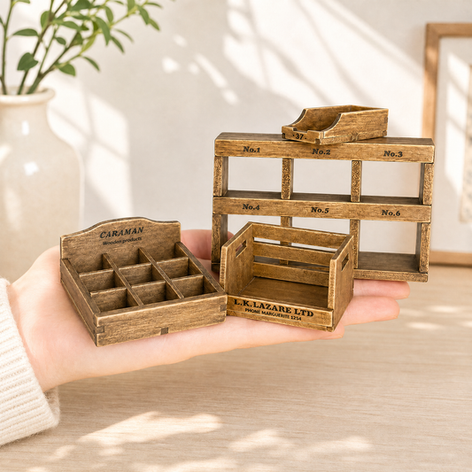 FDMINI Mini Vintage Wooden Storage Set – 4-Piece Handmade Miniature Shelf, Crate & Divided Box in Rustic Brown for 1:6 1:8 Scale Dollhouse, BJD & Blythe