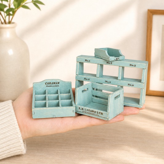 FDMINI Mini Vintage Wooden Storage Set – 4-Piece Handmade Miniature Shelf, Crate & Divided Box in Antique Blue for 1:6 1:8 Scale Dollhouse, BJD & Blythe