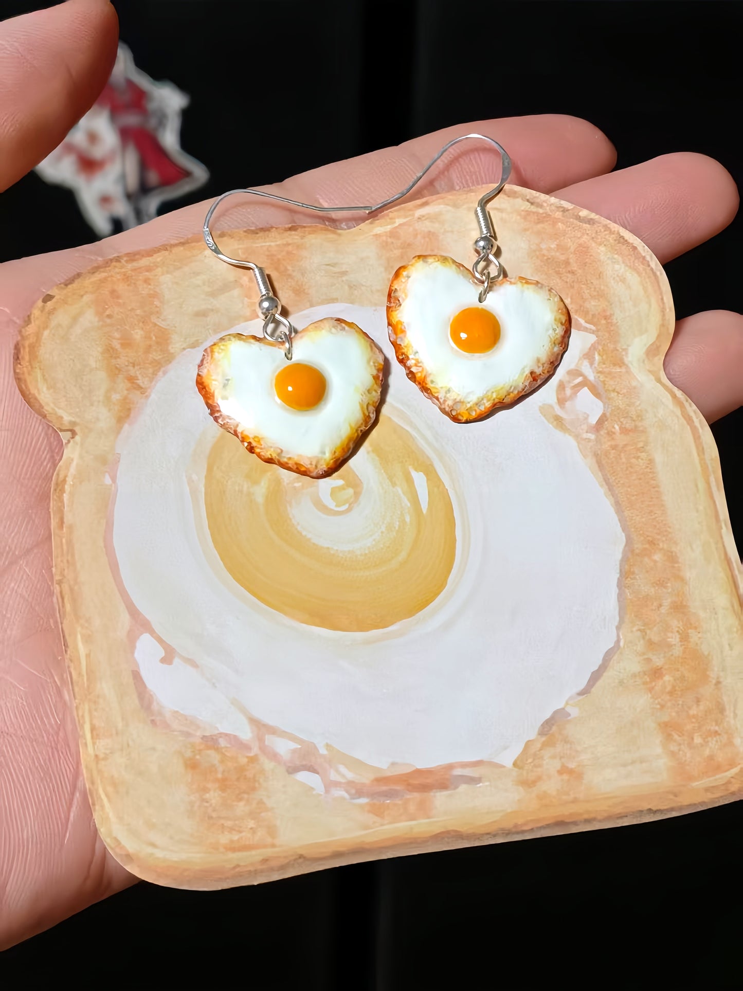 FDMINI Heart Fried Egg Earrings – Handmade Miniature Food Drop Earrings, Cute Quirky Sunny-Side-Up Egg Dangle Earrings for Women