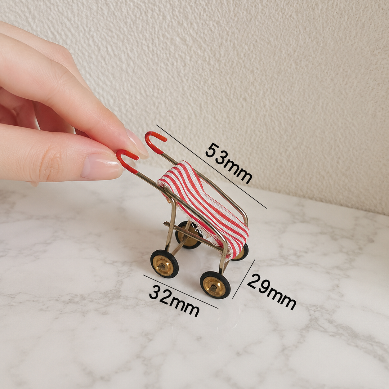 FDMINI Mini Baby Stroller – Vintage Metal Miniature Pram with Striped Seat for 1:12 Scale Dollhouse Nursery, Roombox & Doll Photo Props