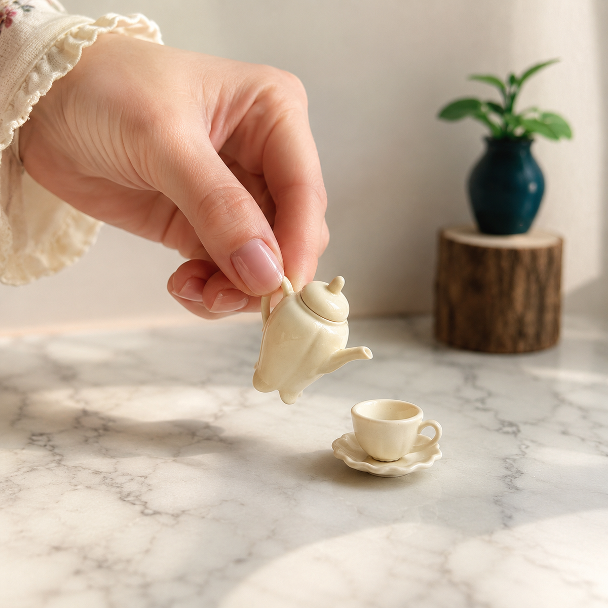 handmade ceramic miniature petal teapot 1:12 scale dollhouse fdmini detail view