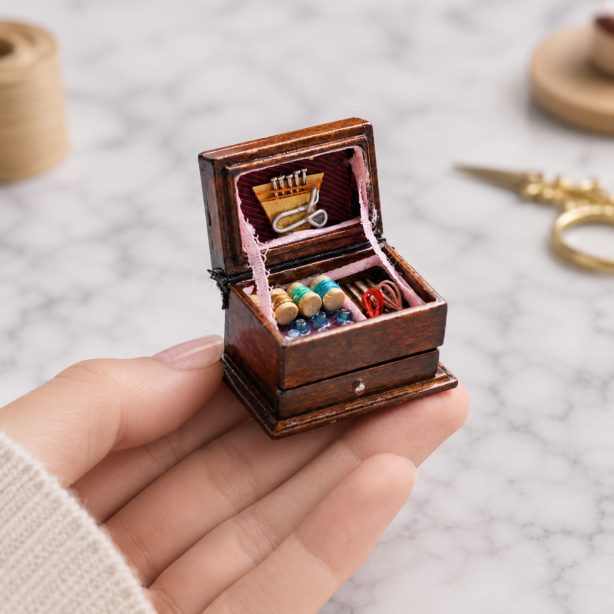 FDMINI Mini Sewing Box – Vintage Wooden Miniature Sewing Chest with Opening Drawer & Filled Contents for 1:12 Scale Dollhouse & Roombox