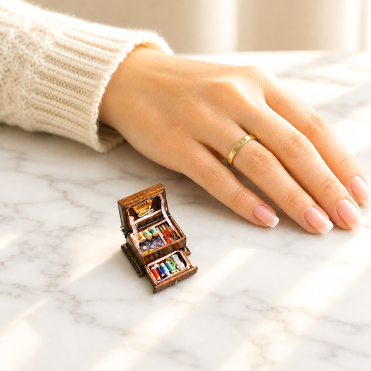 FDMINI Mini Sewing Box – Vintage Wooden Miniature Sewing Chest with Opening Drawer & Filled Contents for 1:12 Scale Dollhouse & Roombox