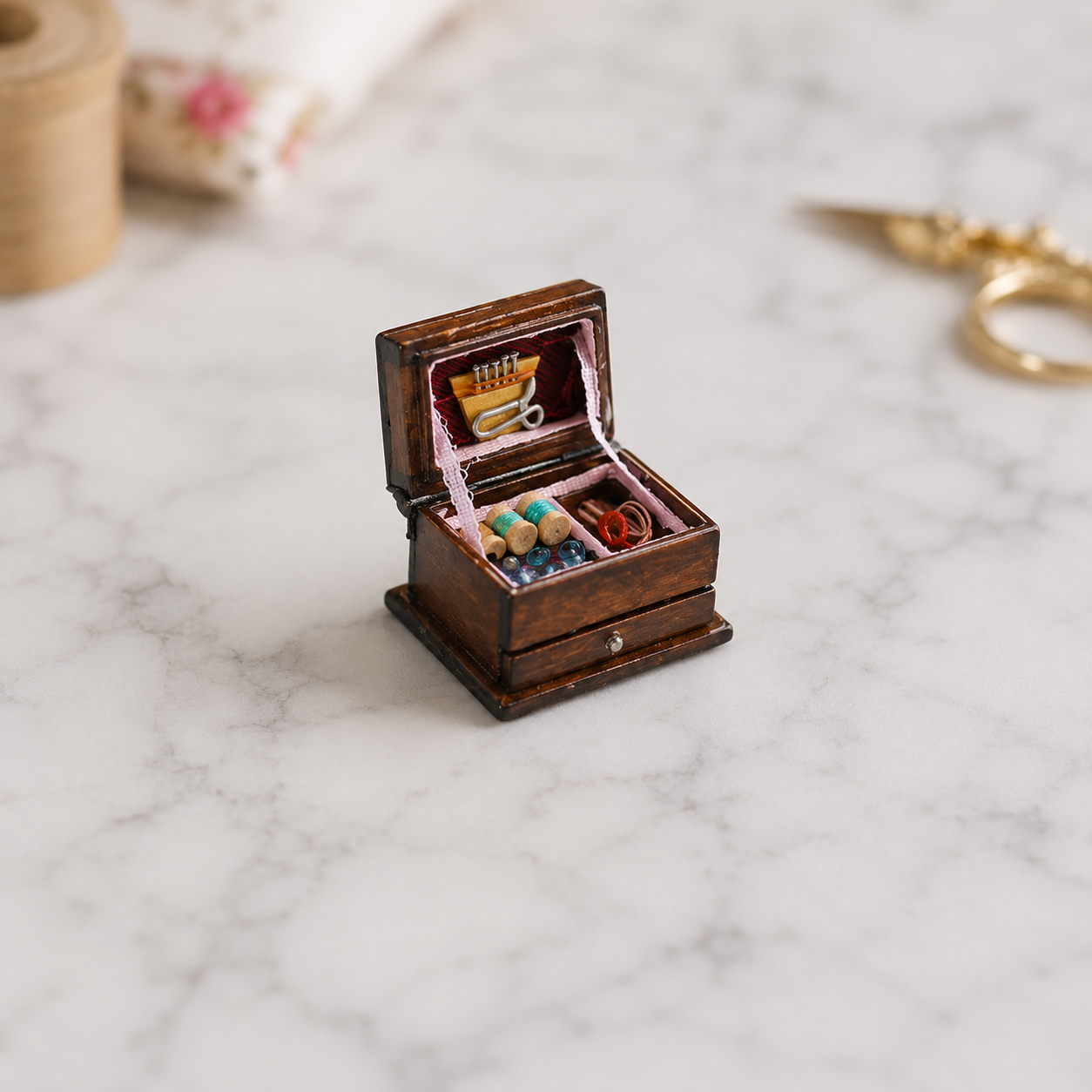 FDMINI Mini Sewing Box – Vintage Wooden Miniature Sewing Chest with Opening Drawer & Filled Contents for 1:12 Scale Dollhouse & Roombox