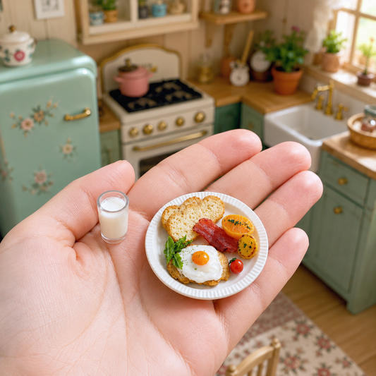 Miniature Breakfast Plate - Hand-Sculpted 1:6 Scale Dollhouse Breakfast Set with Fried Egg, Toast, Bacon & Milk, Realistic Tiny Food for Blythe & Barbie Kitchen Dioramas, Polymer Clay Food