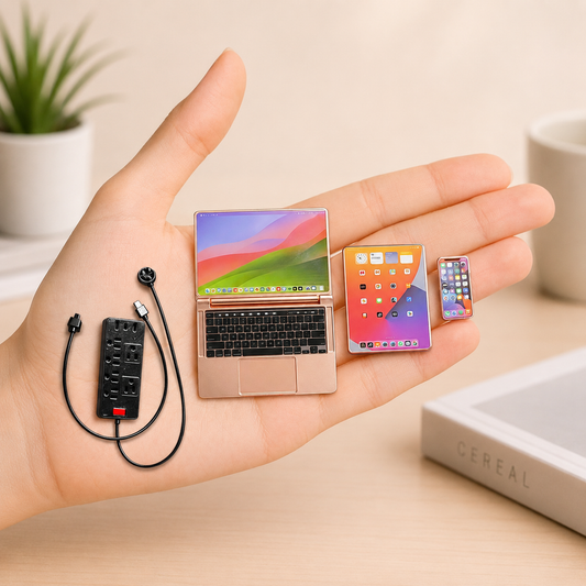 1:6 Scale Miniature Modern Tech Set - Dollhouse Laptop, Tablet, Smartphone & Power Strip - Realistic Office Accessories (RoseGolden Edition)