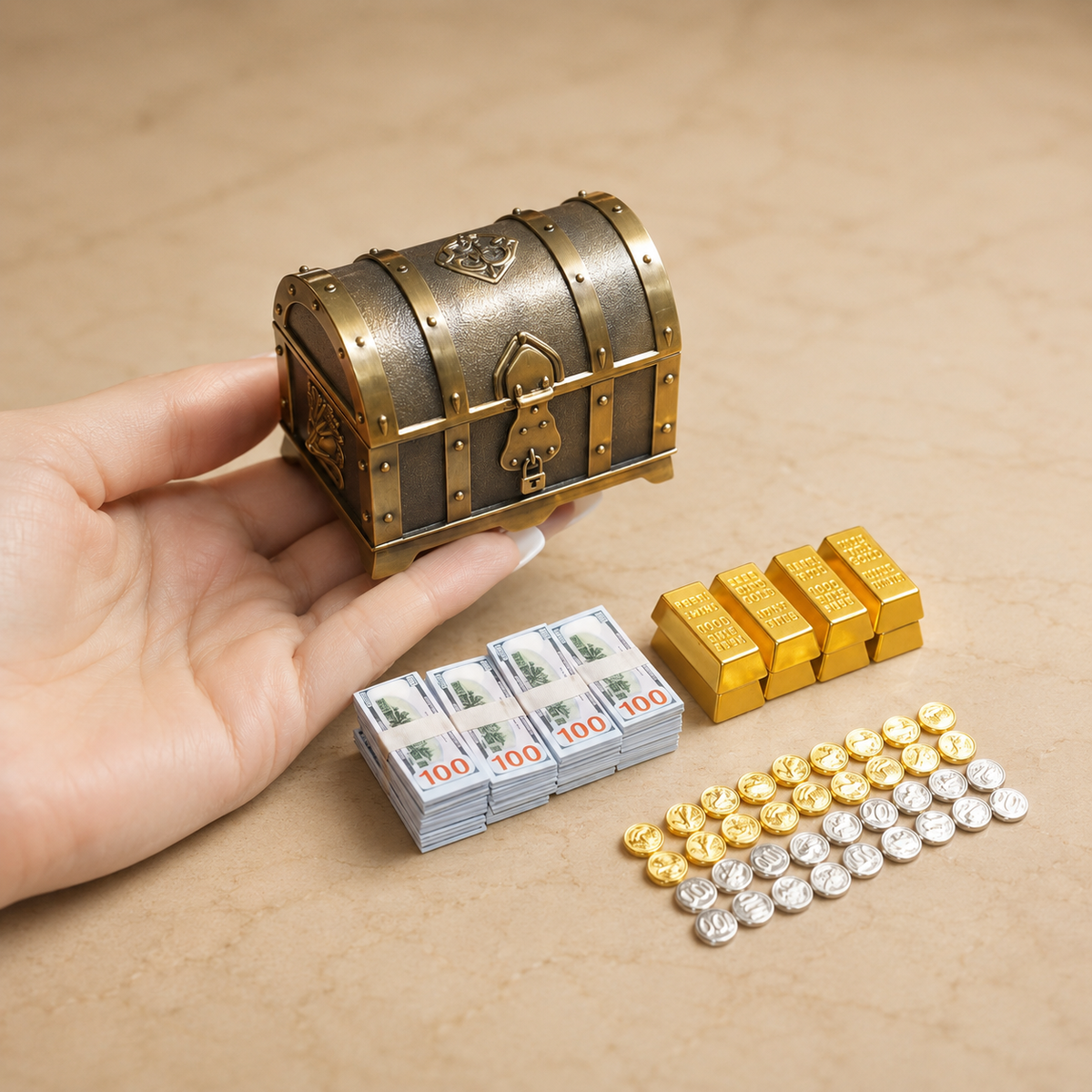 1:6 scale miniature treasure chest held in a hand