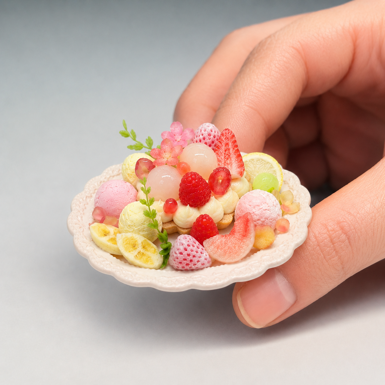1:6 Scale Miniature Pink Dessert Set – Dollhouse Fruit Tart, Strawberry Parfait & Fruit Plate, Handmade Polymer Clay Kawaii Bakery Food for Blythe BJD Diorama
