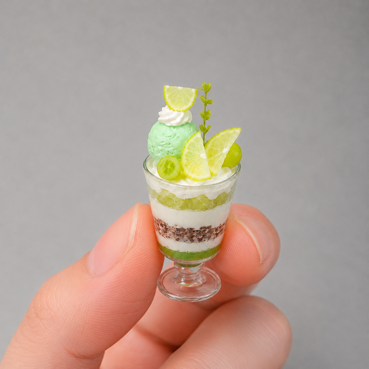 1:6 Scale Miniature Green Grape Jelly Café Set – Dollhouse Lime Parfait, Fig Cream Puff, Pastel Macarons & Grape Jelly Platter, Handmade Polymer Clay Bakery Food for Blythe BJD Diorama