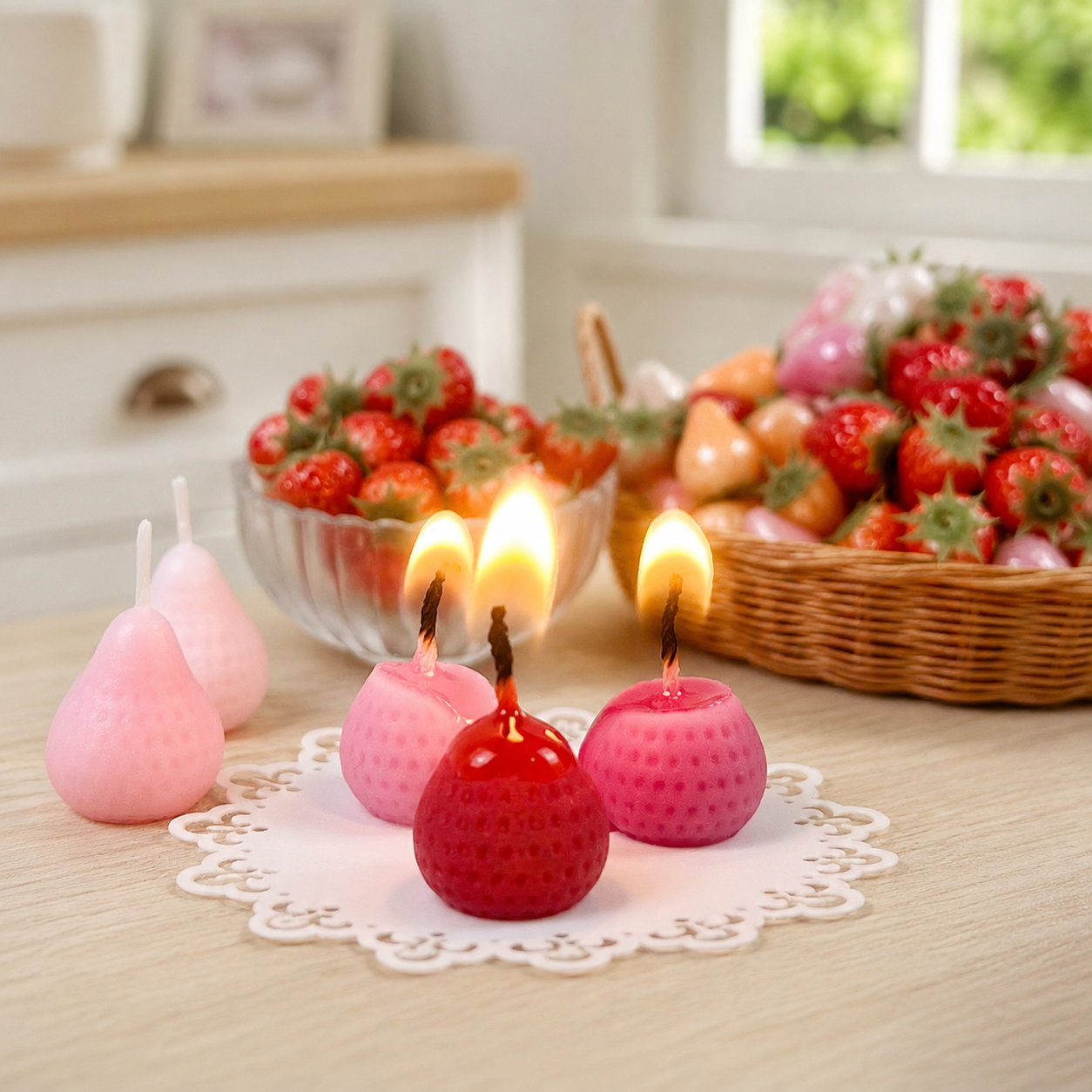 FDMINI Mini Strawberry Scented Candles – Set of 5 Handmade Miniature Dollhouse Candles for 1/6 1/8 1/12 Scale BJD & Blythe Doll Scenes