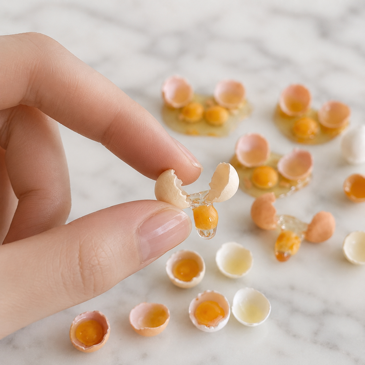 FDMINI Mini Cracked Eggs – 4 Shell Colors Realistic Miniature Broken Egg Food Props for 1:6 Scale Dollhouse Kitchen, BJD & Blythe Scenes