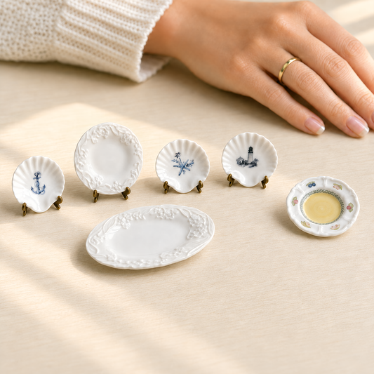 FDMINI Mini Ceramic Plates – 6 Coastal Shell & Embossed Floral Designs Miniature Dish Props for 1:6 Scale Dollhouse, BJD & Blythe Scenes