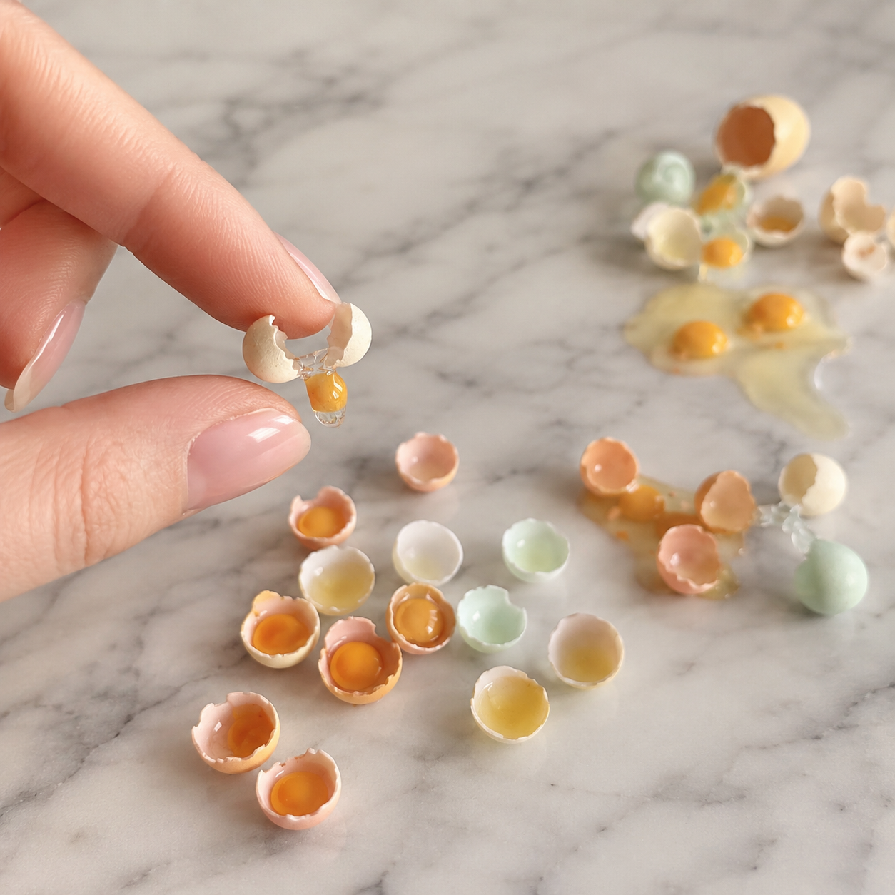 FDMINI Mini Cracked Eggs – 4 Shell Colors Realistic Miniature Broken Egg Food Props for 1:6 Scale Dollhouse Kitchen, BJD & Blythe Scenes