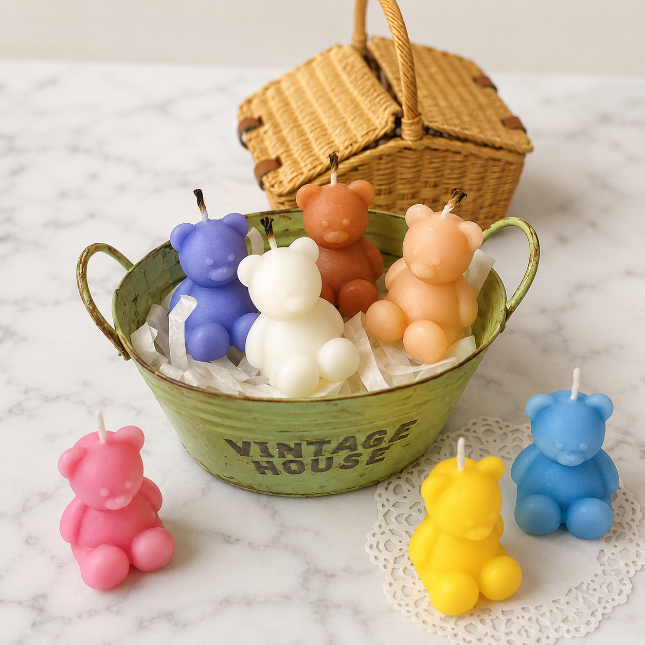 FDMINI Mini Teddy Bear Candles – Set of 8 Cute Handmade Miniature Bear Candles for 1:6 1:8 1:12 Scale Dollhouse, BJD & Blythe Scenes