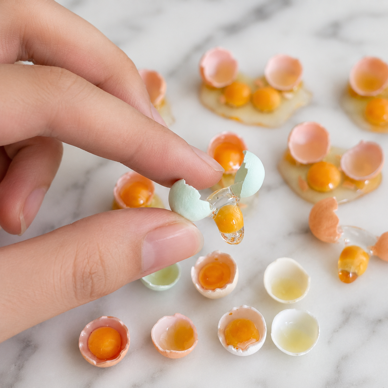 FDMINI Mini Cracked Eggs – 4 Shell Colors Realistic Miniature Broken Egg Food Props for 1:6 Scale Dollhouse Kitchen, BJD & Blythe Scenes