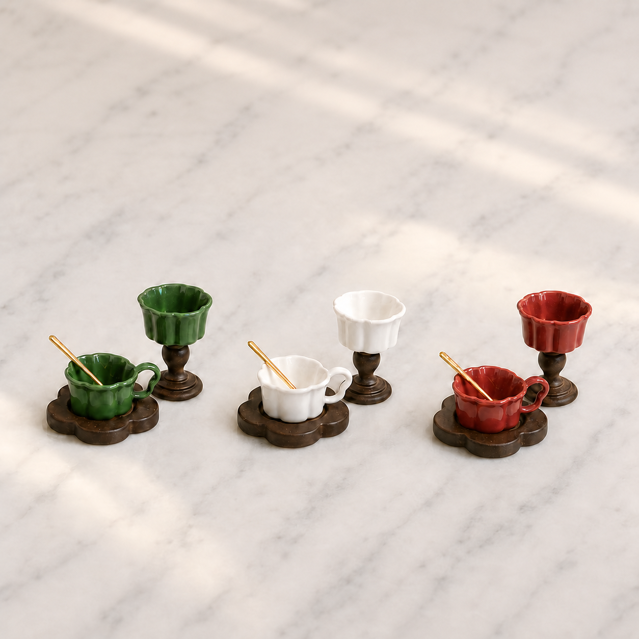 FDMINI Mini Teacup Set (Golden Spoon) – Miniature Ceramic Coffee Cup, Wood Saucer & Footed Goblet in 3 Colors for 1:12 Dollhouse & Christmas Tea Scenes