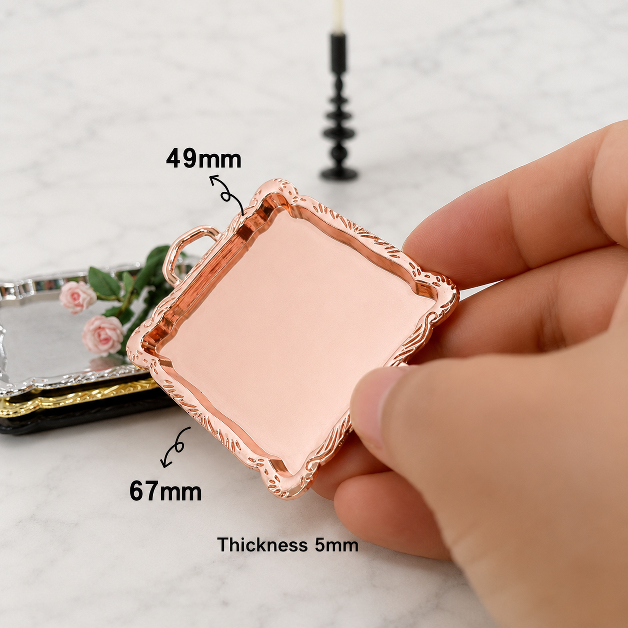 FDMINI Mini Serving Trays – 4 Metallic Finishes Ornate French Miniature Butler & Vanity Tray for 1:12 Scale Dollhouse & Roombox