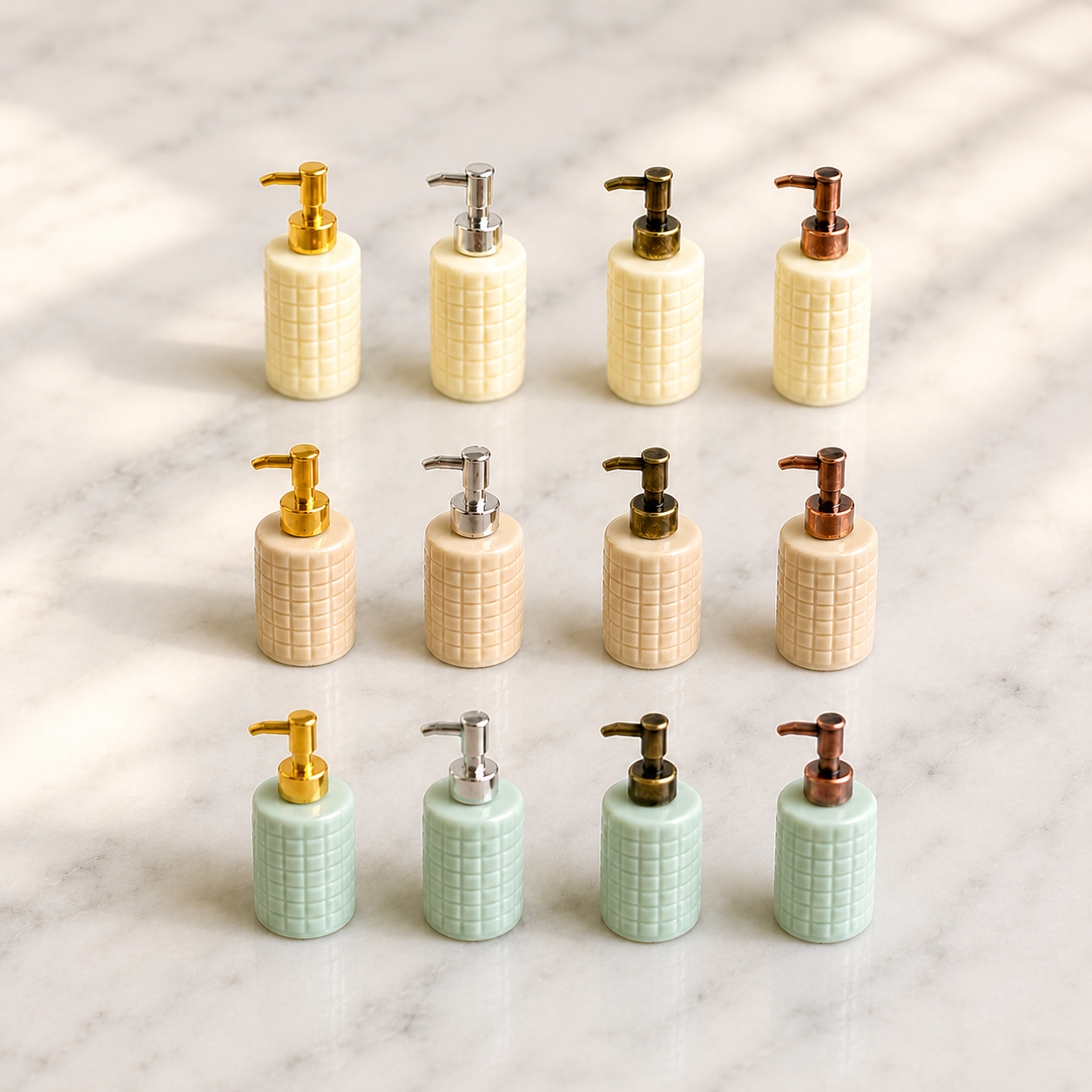FDMINI Mini Soap Dispenser – 3 Bottle Colors × 4 Metal Pump Finishes Miniature Ceramic Lotion Pump Bottle for 1:12 Dollhouse Bathroom Scenes