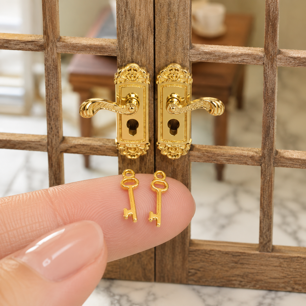 handmade miniature door handles with keys 1:12 scale dollhouse fdmini detail view