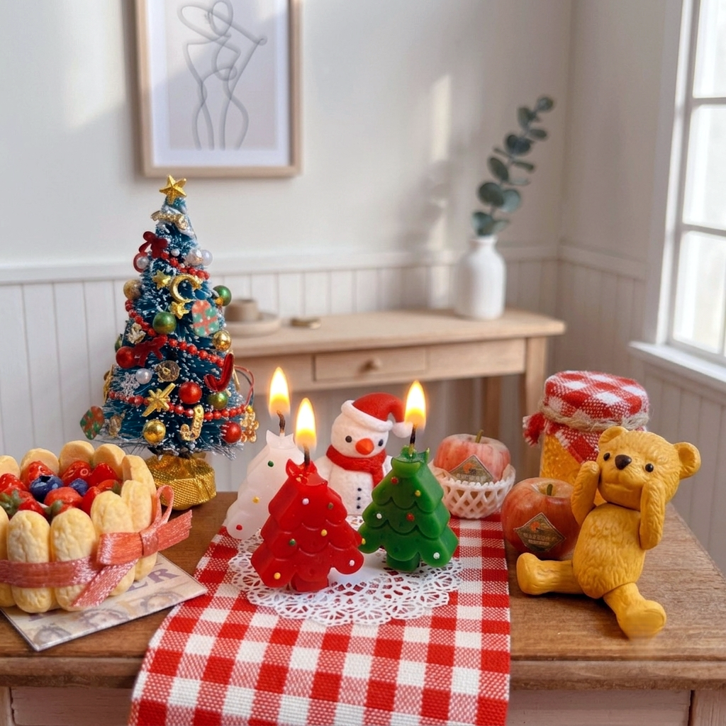 FDMINI Mini Christmas Tree Candles – Set of 3 Handmade Miniature Holiday Candles for 1/6 1/8 1/12 Scale Dollhouse, BJD & Blythe Doll Scenes