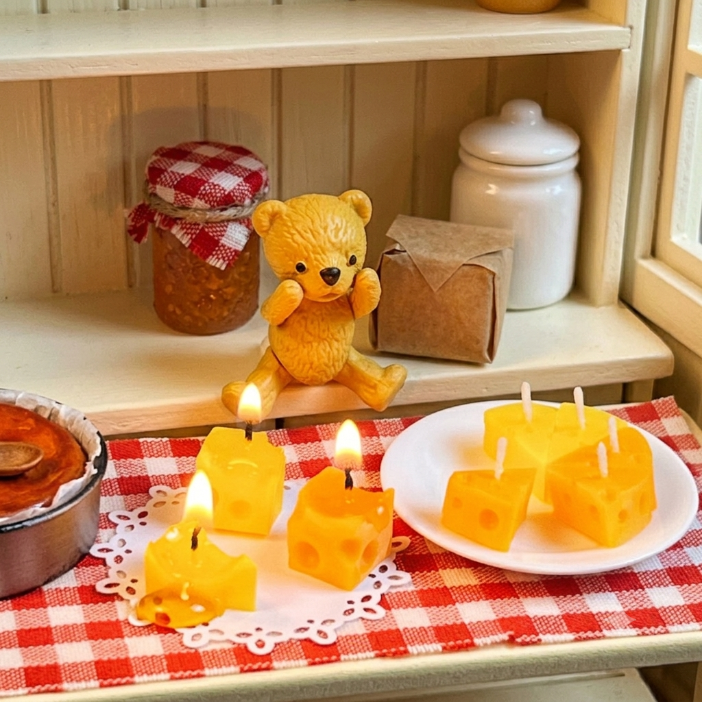 FDMINI Mini Cheese Candles – Set of 4 Handmade Miniature Swiss Cheese Candles for 1/6 1/8 1/12 Scale Dollhouse, BJD & Blythe Doll Scenes