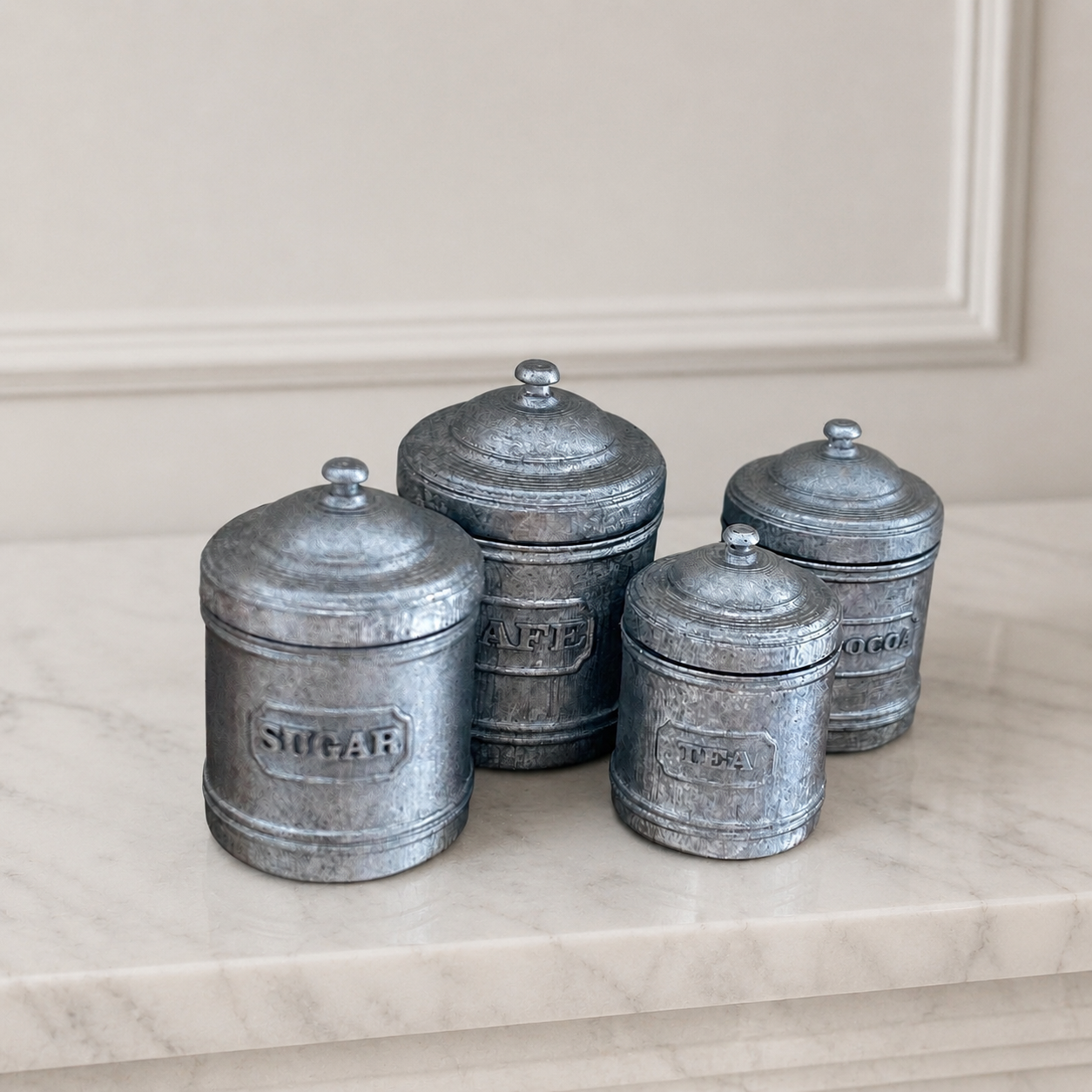 FDMINI Mini Vintage Kitchen Canisters – Set of 4 Miniature Metal Storage Tins (Café, Sugar, Cocoa, Tea) for 1/6 1/8 1/12 Scale Dollhouse, BJD & Blythe Scenes