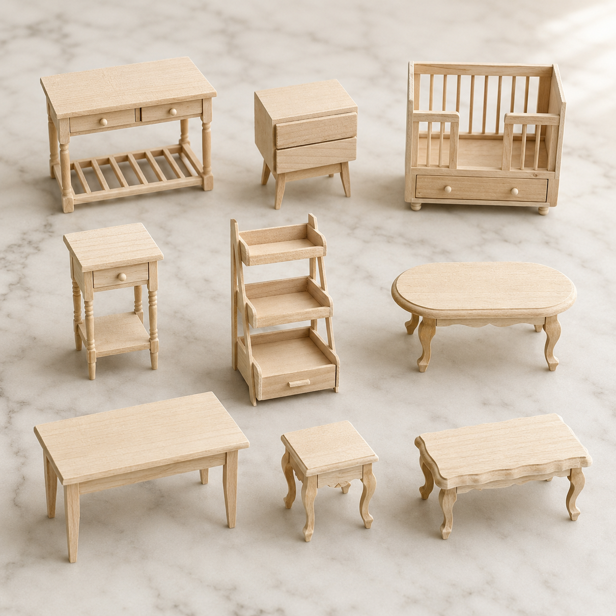 FDMINI Mini DIY Unfinished Wood Furniture – Paintable Miniature Table, Nightstand, Crib & Shelf for 1:12 Scale Dollhouse, OB11 & BJD Scenes (9 Styles)