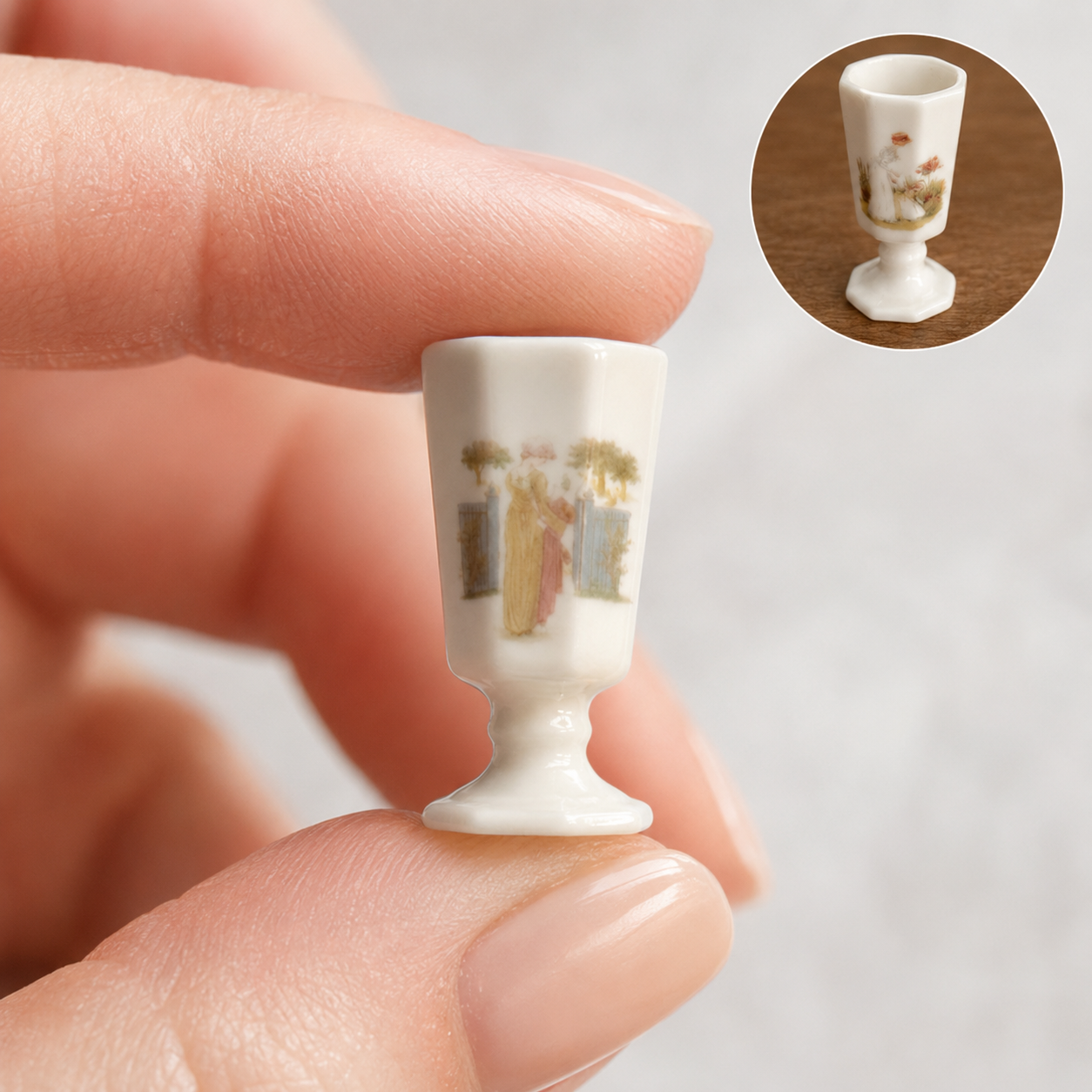 FDMINI Mini Ceramic Goblets – 4 Vintage Storybook Designs Miniature Pedestal Cups for 1:6 Scale Dollhouse, BJD & Blythe Scenes