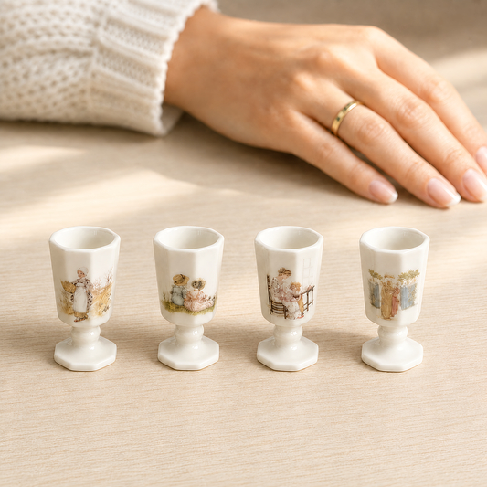 FDMINI Mini Ceramic Goblets – 4 Vintage Storybook Designs Miniature Pedestal Cups for 1:6 Scale Dollhouse, BJD & Blythe Scenes