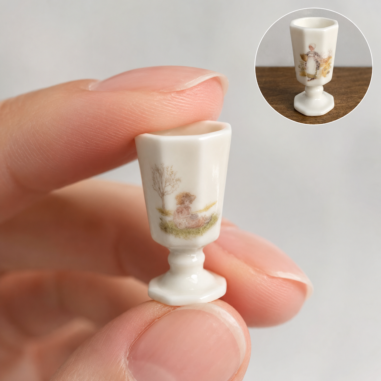 FDMINI Mini Ceramic Goblets – 4 Vintage Storybook Designs Miniature Pedestal Cups for 1:6 Scale Dollhouse, BJD & Blythe Scenes
