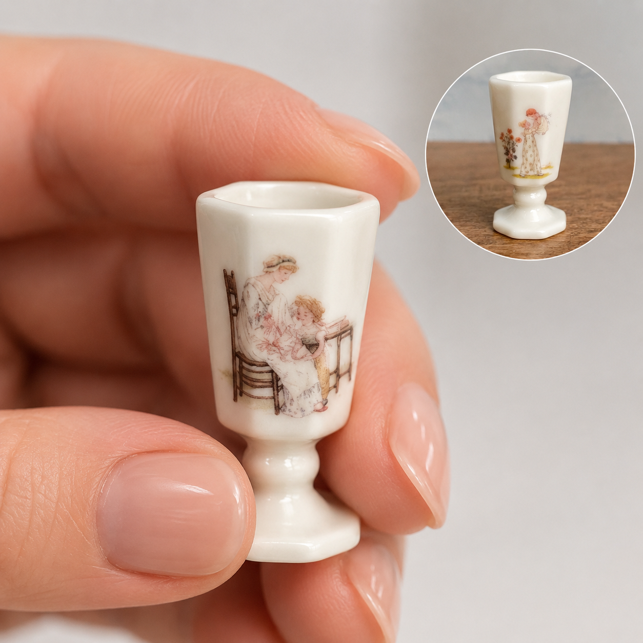 FDMINI Mini Ceramic Goblets – 4 Vintage Storybook Designs Miniature Pedestal Cups for 1:6 Scale Dollhouse, BJD & Blythe Scenes