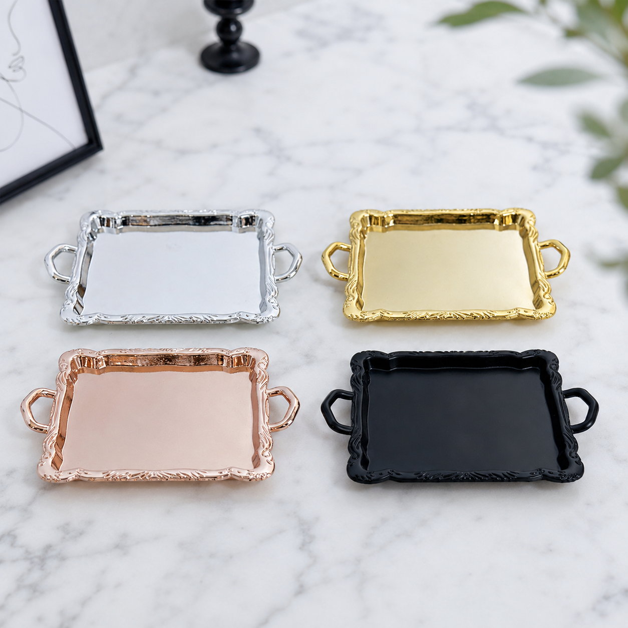 FDMINI Mini Serving Trays – 4 Metallic Finishes Ornate French Miniature Butler & Vanity Tray for 1:12 Scale Dollhouse & Roombox