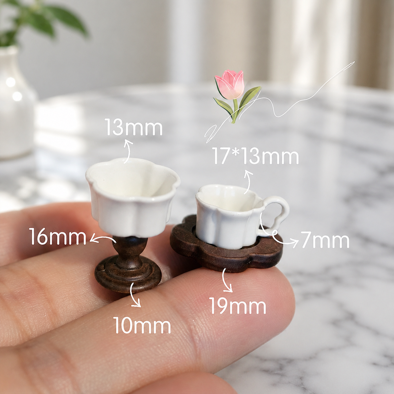 FDMINI Mini Teacup Set (Silver Spoon) – Miniature Ceramic Coffee Cup, Wood Saucer & Footed Goblet in 3 Colors for 1:12 Dollhouse & Christmas Tea Scenes