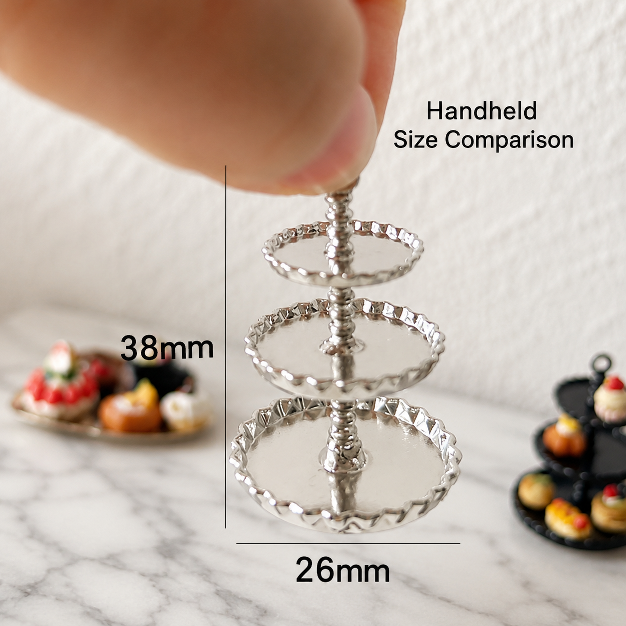 FDMINI Mini 3-Tier Cake Stand – 4 Colors Miniature Dessert Tower & Afternoon-Tea Stand for 1:12 Dollhouse & Diorama Scenes