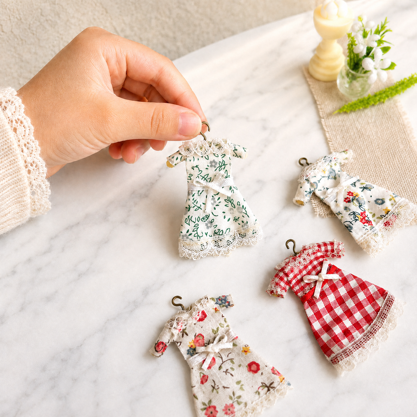 FDMINI Mini Floral Dress – 4 Prints Miniature Lace-Trim Doll Dress on Hanger for 1:12 Dollhouse Wardrobe & Diorama Scenes