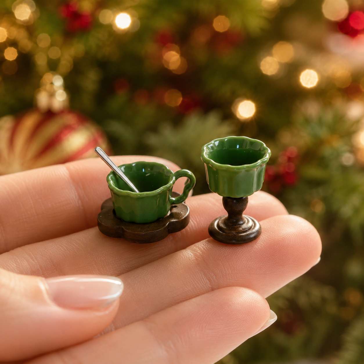 FDMINI Mini Teacup Set (Silver Spoon) – Miniature Ceramic Coffee Cup, Wood Saucer & Footed Goblet in 3 Colors for 1:12 Dollhouse & Christmas Tea Scenes