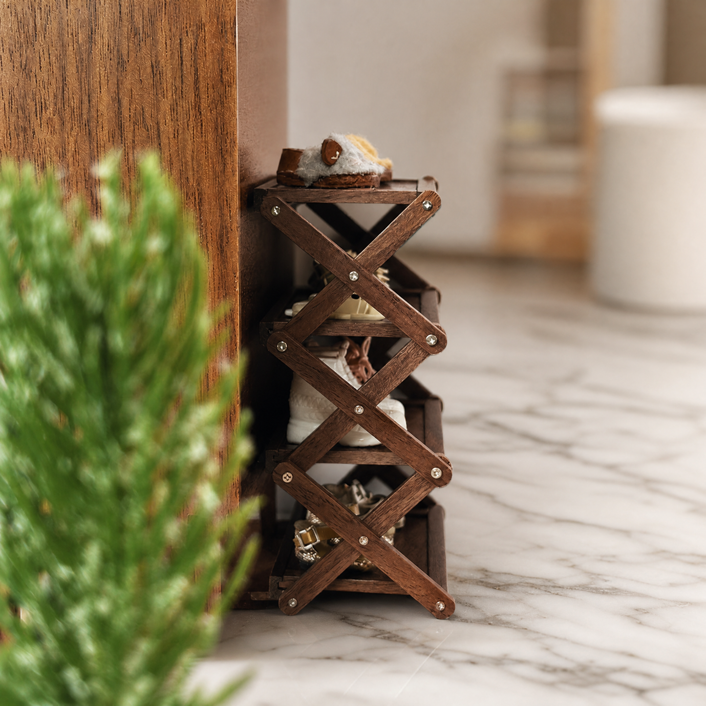 FDMINI Mini Foldable 4-Tier Shelf – Miniature Walnut Wood Folding Rack for 1:6 & 1:12 Dollhouse, Diorama & Room Scenes