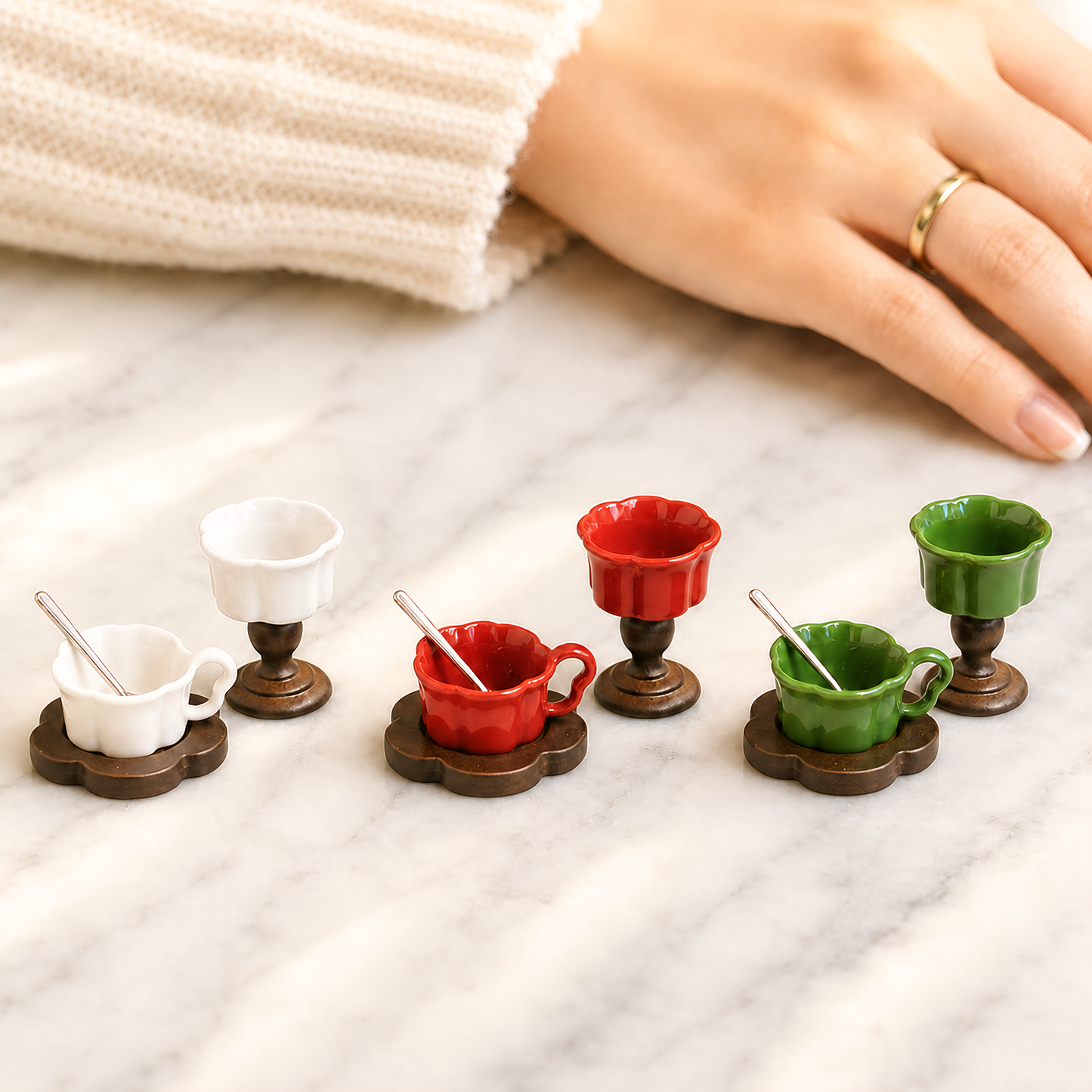 FDMINI Mini Teacup Set (Silver Spoon) – Miniature Ceramic Coffee Cup, Wood Saucer & Footed Goblet in 3 Colors for 1:12 Dollhouse & Christmas Tea Scenes
