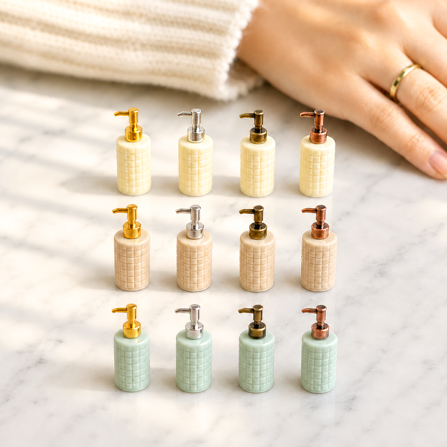 FDMINI Mini Soap Dispenser – 3 Bottle Colors × 4 Metal Pump Finishes Miniature Ceramic Lotion Pump Bottle for 1:12 Dollhouse Bathroom Scenes