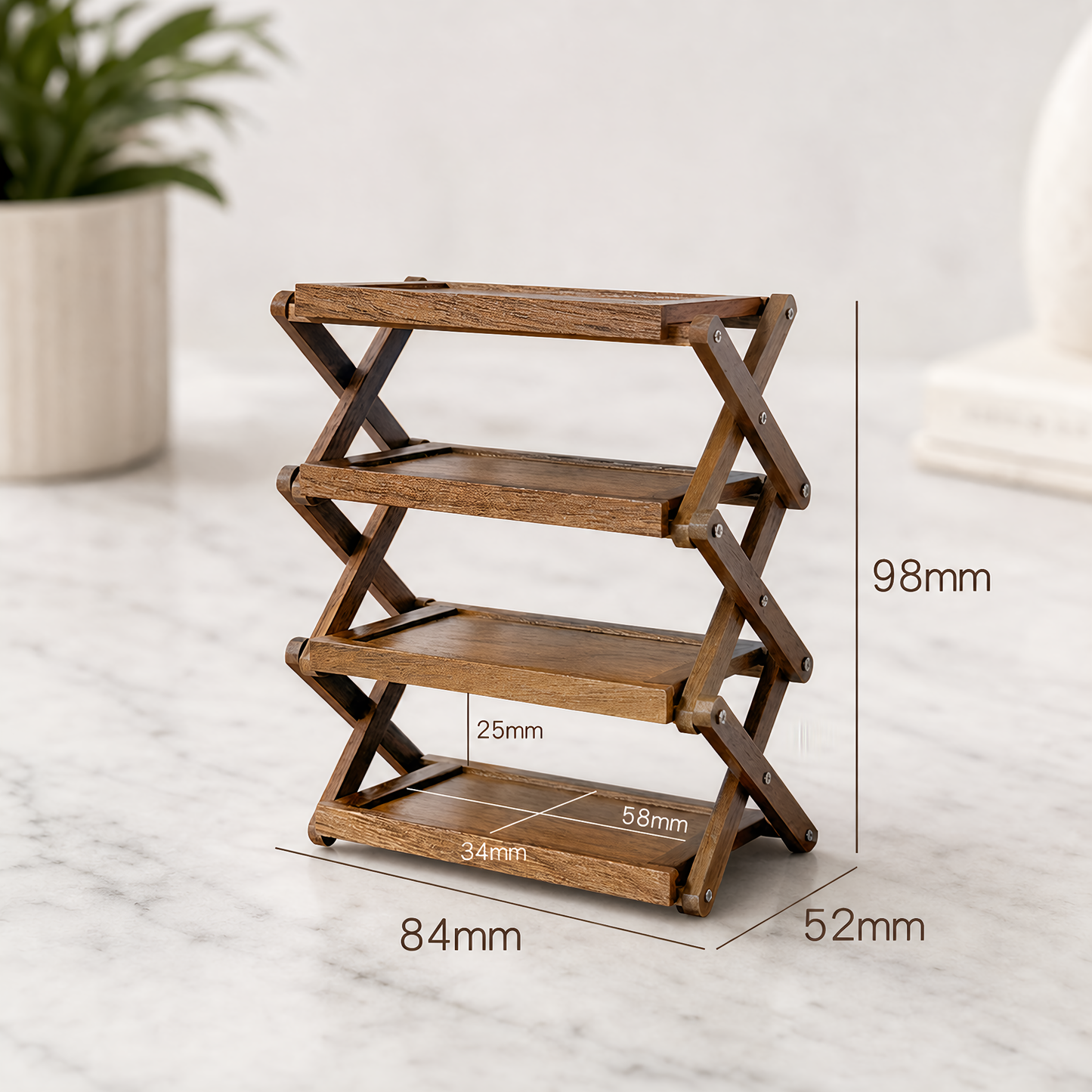 FDMINI Mini Foldable 4-Tier Shelf – Miniature Walnut Wood Folding Rack for 1:6 & 1:12 Dollhouse, Diorama & Room Scenes