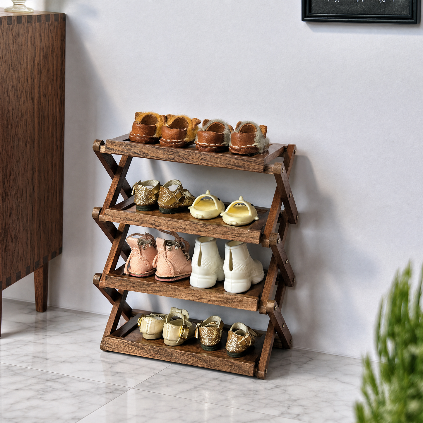 FDMINI Mini Foldable 4-Tier Shelf – Miniature Walnut Wood Folding Rack for 1:6 & 1:12 Dollhouse, Diorama & Room Scenes