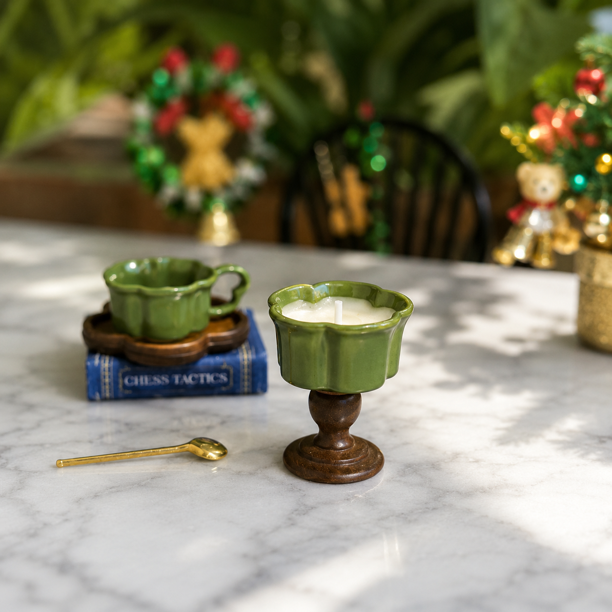 FDMINI Mini Teacup Set (Golden Spoon) – Miniature Ceramic Coffee Cup, Wood Saucer & Footed Goblet in 3 Colors for 1:12 Dollhouse & Christmas Tea Scenes