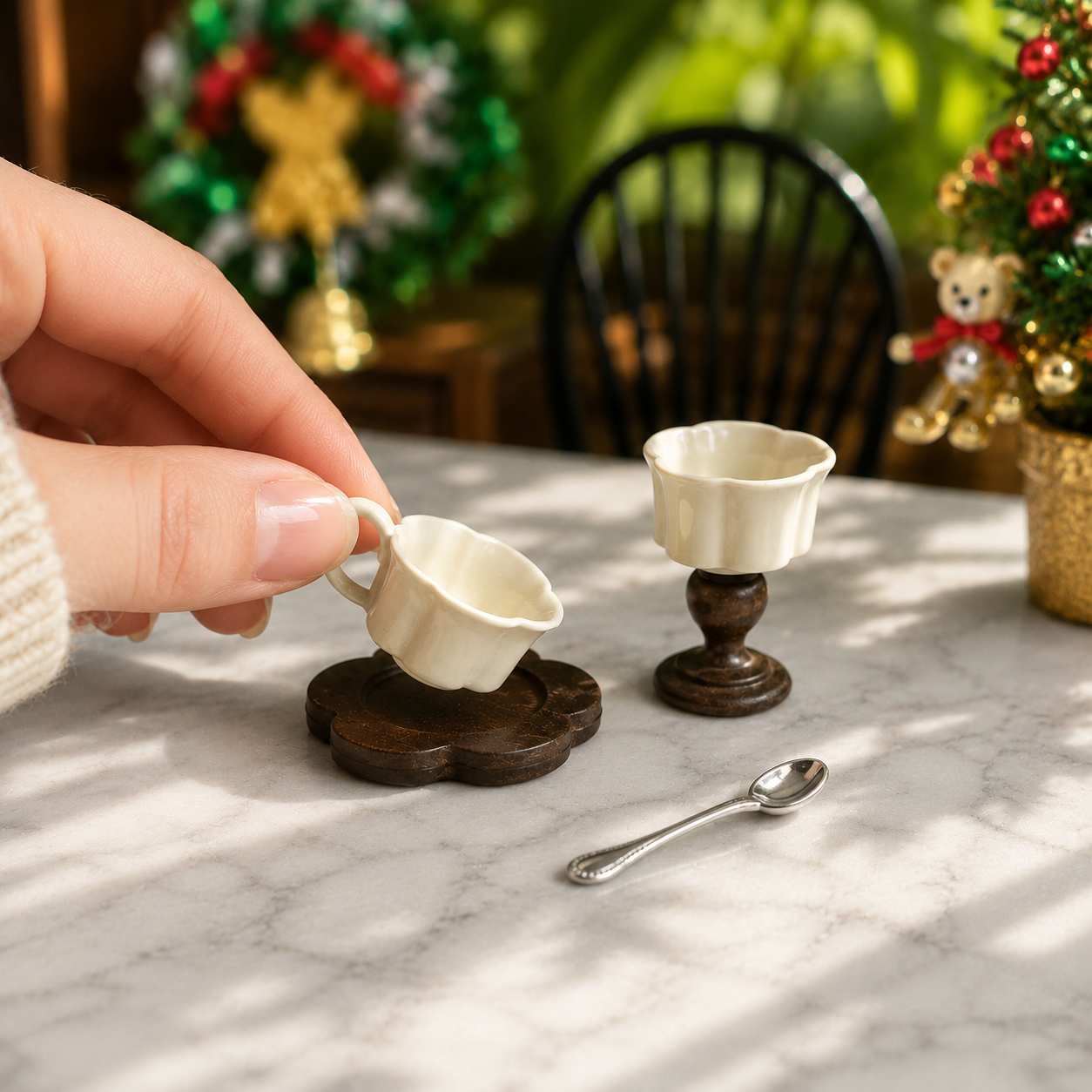 FDMINI Mini Teacup Set (Silver Spoon) – Miniature Ceramic Coffee Cup, Wood Saucer & Footed Goblet in 3 Colors for 1:12 Dollhouse & Christmas Tea Scenes