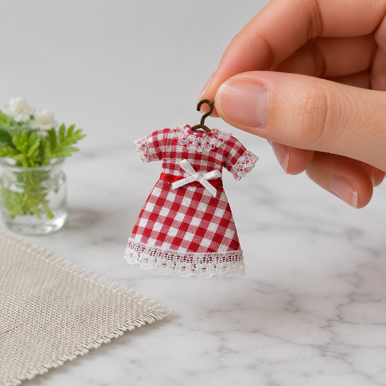 FDMINI Mini Floral Dress – 4 Prints Miniature Lace-Trim Doll Dress on Hanger for 1:12 Dollhouse Wardrobe & Diorama Scenes
