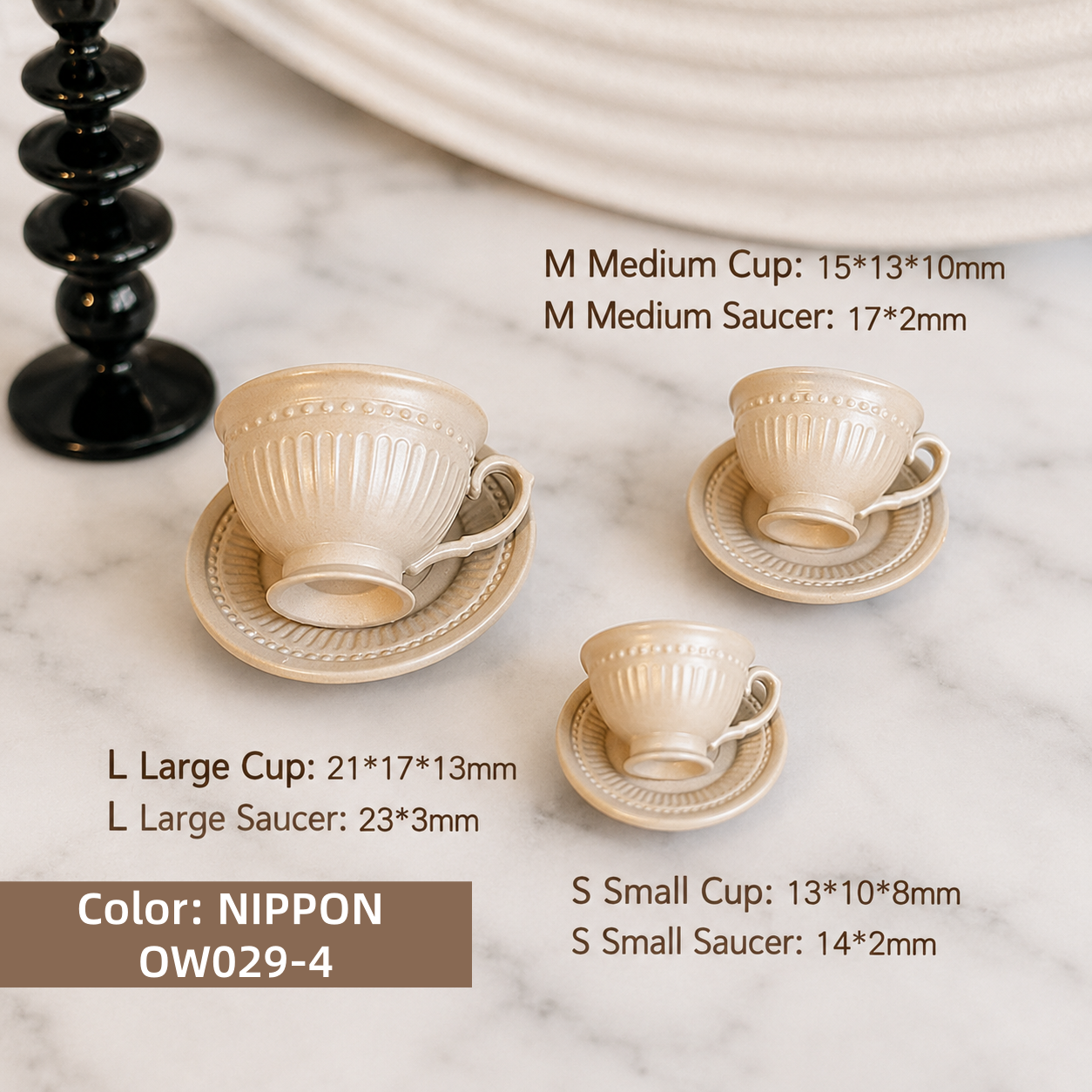 FDMINI Mini Teacup & Saucer Sets – 5 Colors × 3 Sizes Fluted French Miniature Coffee Cups for 1:6 Dollhouse, BJD & Blythe Scenes