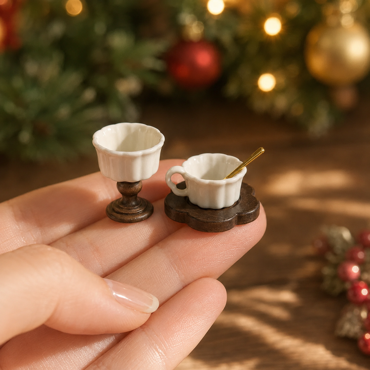 FDMINI Mini Teacup Set (Golden Spoon) – Miniature Ceramic Coffee Cup, Wood Saucer & Footed Goblet in 3 Colors for 1:12 Dollhouse & Christmas Tea Scenes